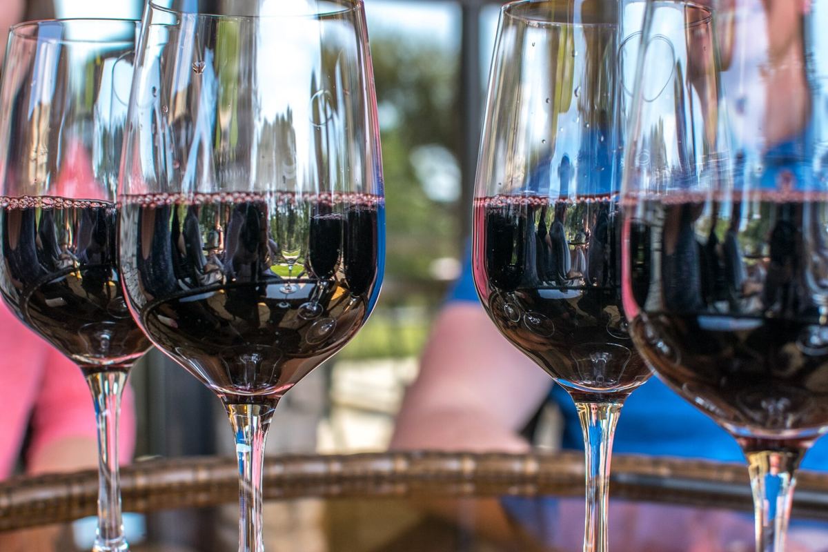 Cuatro copas de vino tinto servidas sobre una mesa durante una cata